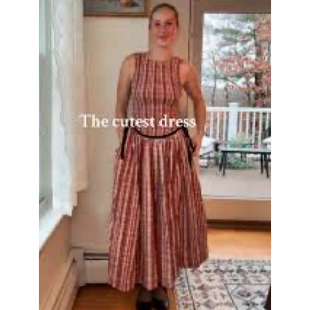 Free People Womens Nightingale Red Plaid Smocked Midi Dress Boho Sz Lg $245 MSRP - Picture 3 of 16